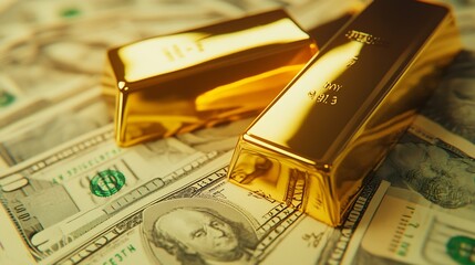 gold bars reflection on dollar bills background The concept of finance wealth and rich : Generative AI