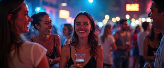Happy Friends Enjoying Drinks at a Night Market.