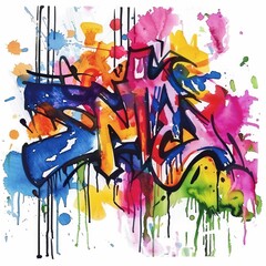 Watercolor painting of vibrant, expressive graffiti, on isolated white background