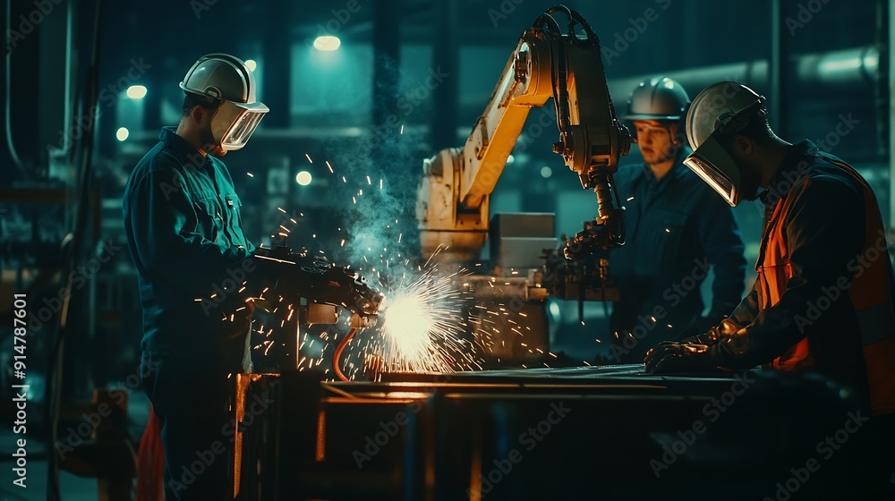 Aufkleber Engineers team mechanic using computer controller Robotic arm for welding steel in steel factory workshop Industry robot programming software for automated manufacturing technology : Generative AI