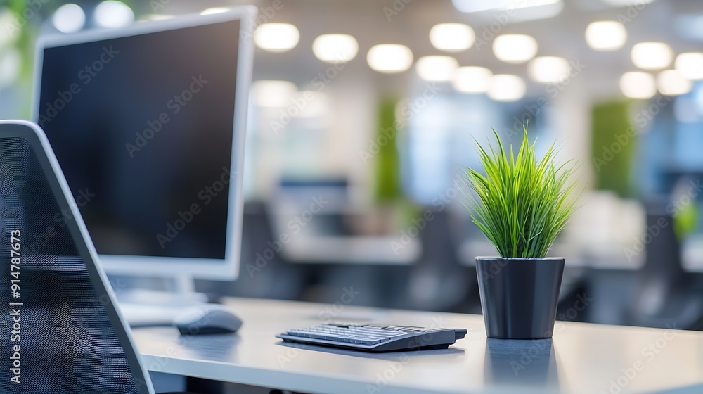 Leinwandbilder modern business office without people with blurred bokeh background tables chairs computers plan cop