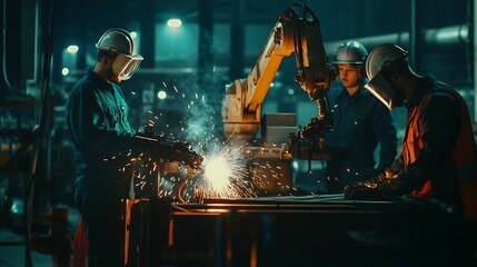 Engineers team mechanic using computer controller Robotic arm for welding steel in steel factory workshop Industry robot programming software for automated manufacturing technology : Generative AI