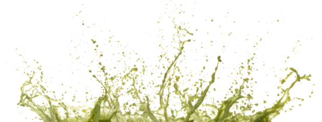 Matcha Green Tea Juice pouring and splash as crown water. Vegetable juice explode bubble splash in mid air. Matcha milk green tea liquid element water. White background isolated photography