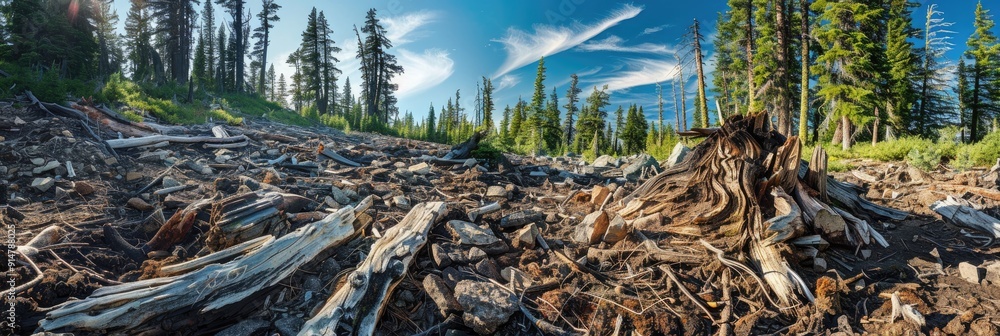 Sticker debris covers forest floor in the crater lake wilderness during summer