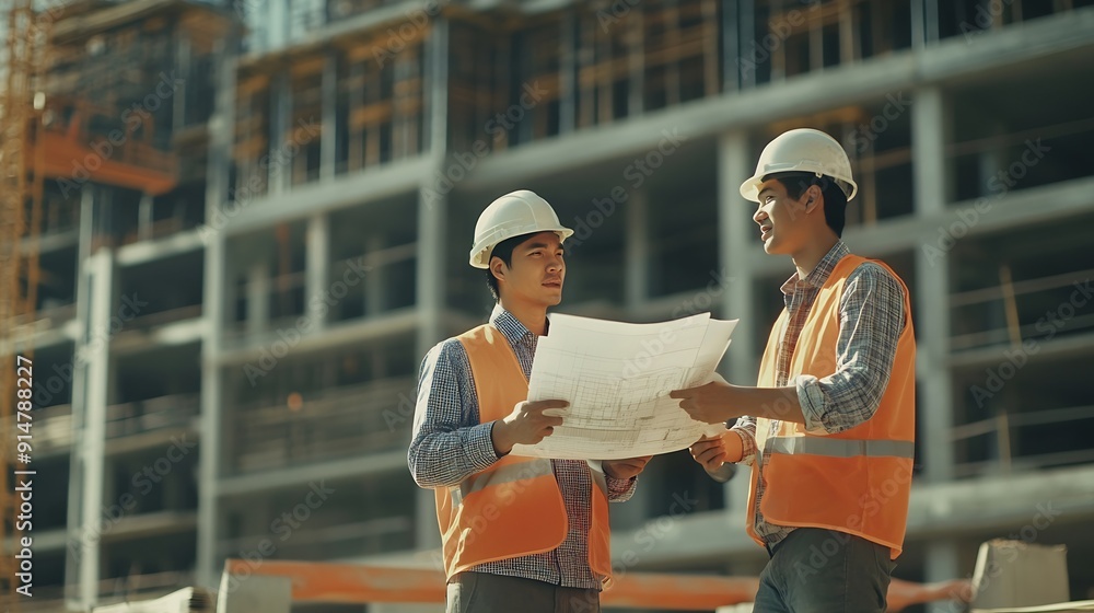 Aufkleber two asian engineer working at site of a large building projectthailand peoplework overtime at constr