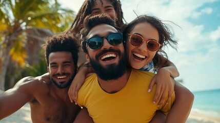 Portrait excited multiethnic group happy young friends piggyback enjoying great time outdoors and having fun together Cheerful men carrying girlfriends on back Looking at camera on vac : Generative AI