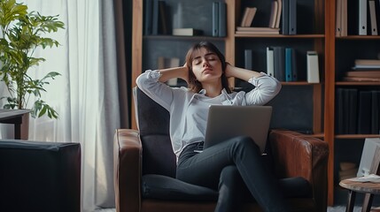 Fototapeta premium European Caucasian business woman sitting chair feel tired lack of energy indoor job office work place Young adult gen z exhausted lazy bored female worker lady employee use laptop do : Generative AI