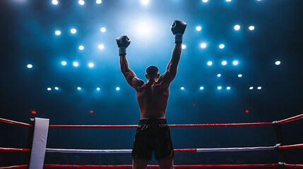 A boxing champion raising his gloves in the air, standing in the ring under bright lights, with the referee declaring the victory 