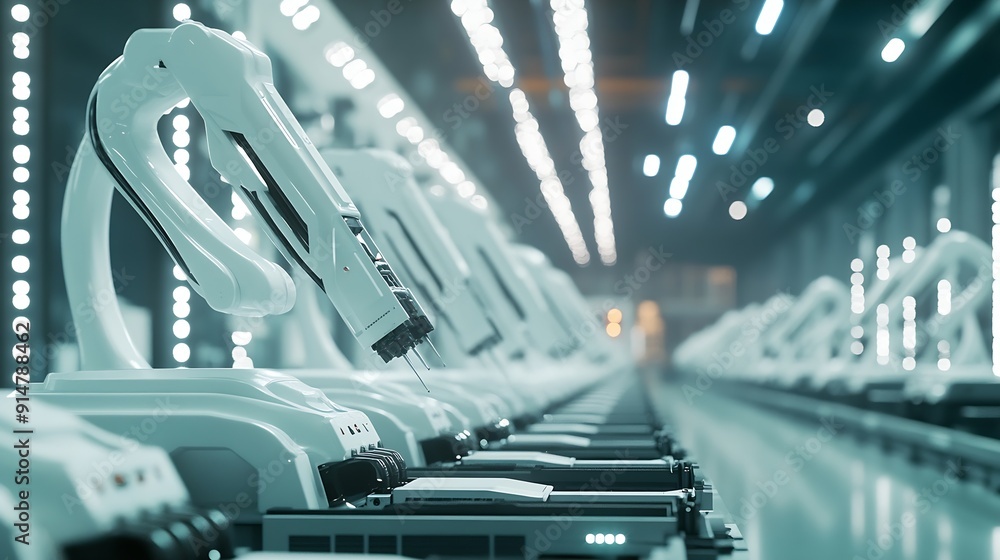 Aufkleber row of white robotic arms at modern factory lithiumion ev battery pack production at automated assem