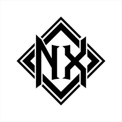 NX Letter logo with abstract shield shape with square black outline on white background design