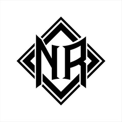 NR Letter logo with abstract shield shape with square black outline on white background design