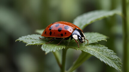 Fototapeta premium ladybug on leaf,Ladybug walking on a green leaf, A ladybug crawls on a four-leaf clover, dew,Generative AI