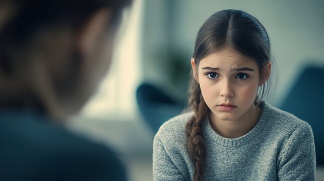 Kid at therapists office Child refusing to have conversation Sad depressed apathetic preeten or teenage girl turns away and ignores psychologist not ready to discuss her problems and e : Generative AI
