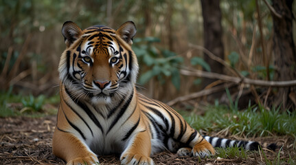 Obraz premium tiger of bengal,beautiful bengal tiger with lush green habitat background, Generative AI