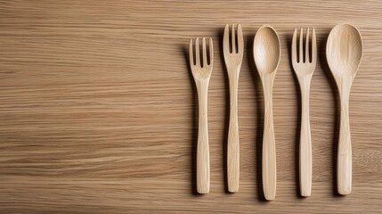 Bamboo utensils on a wooden table, eco-friendly design, sustainable materials
