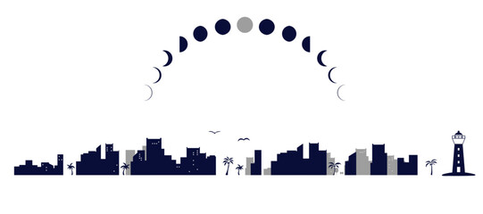 海辺の街並みと月の軌道のシルエットイラストのセット　背景イラスト　都市景観