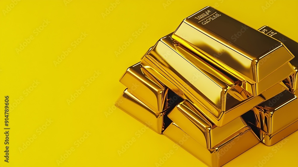 Poster Stack of shiny gold bars on color background closeup : Generative AI