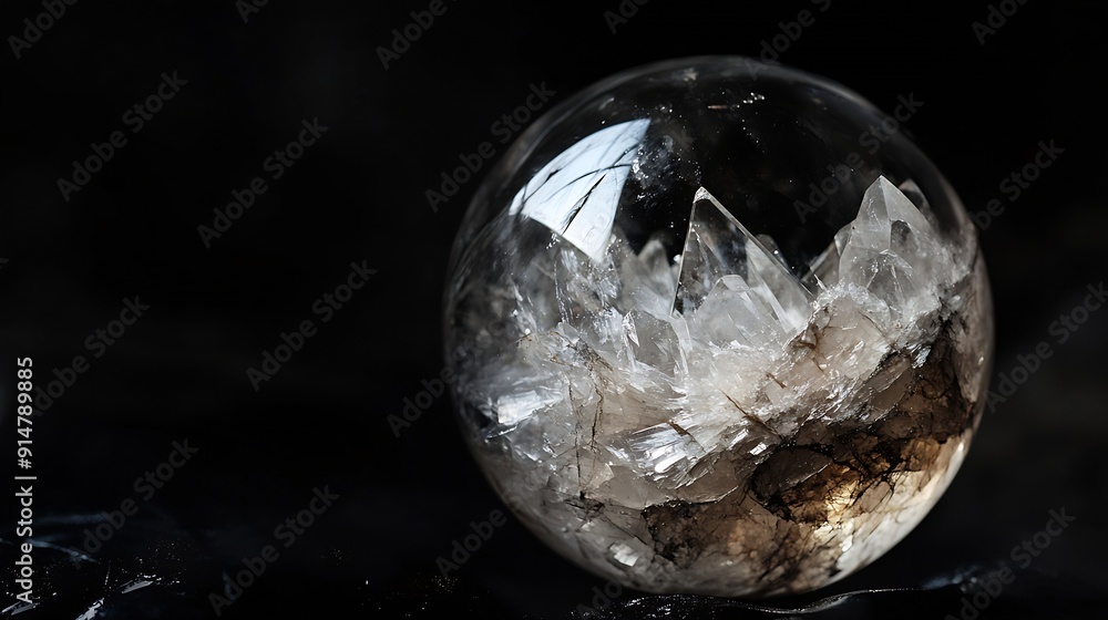 Poster ball of quartz with rutile on a black background closeup : generative ai