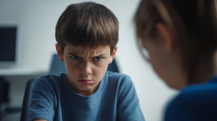 ADHD child at therapists office Naugty unruly hyperactive agitated aggressive school bully boy acts up misbehaves causes trouble at session with psychologist Hyperactivity bad behavior : Generative AI