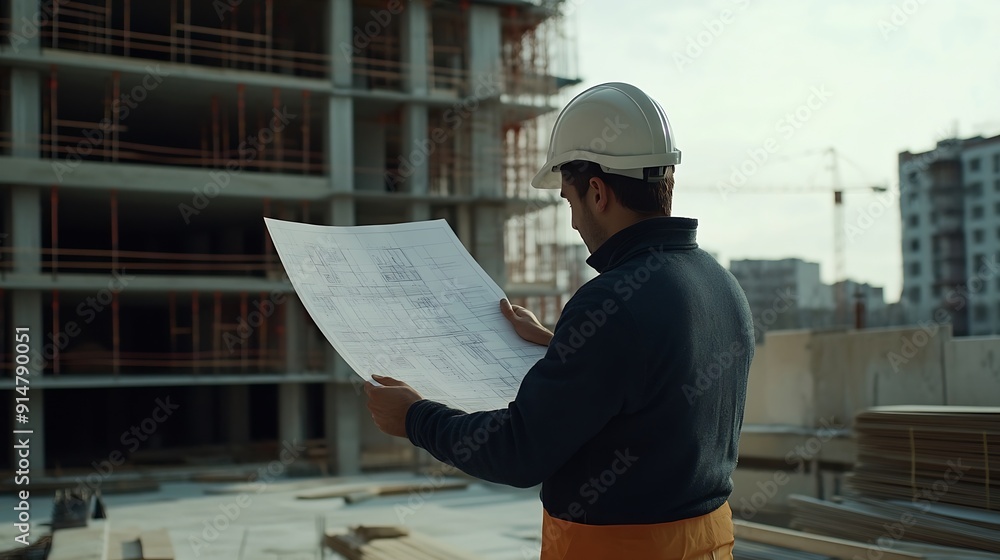 Poster Architect man checking about the building plan and see how the construction progressive at the construction site : Generative AI