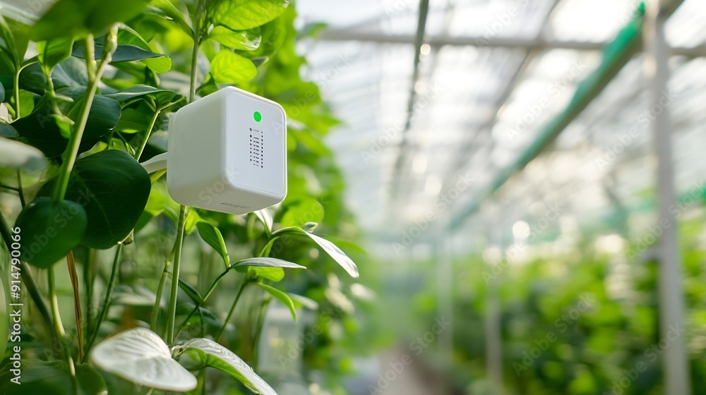Fototapete Agriculture smart farming technology sensor co2 humidity lighting temperature monitoring device for automation plant nursery in greenhouse : Generative AI