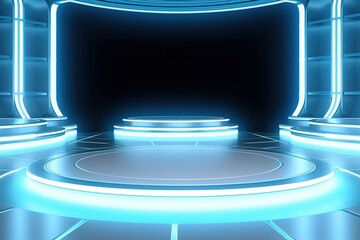Futuristic blue neon podium with a glowing circular stage.