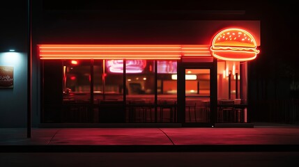 Fast food establishment by night with a hamburger neon sign : Generative AI