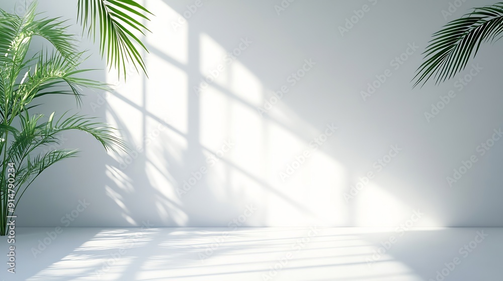 Aufkleber Abstract white studio background for product presentation Empty room with shadows of window and flowers and palm leaves  3d room with copy space Summer concert Blurred backdrop : Generative AI