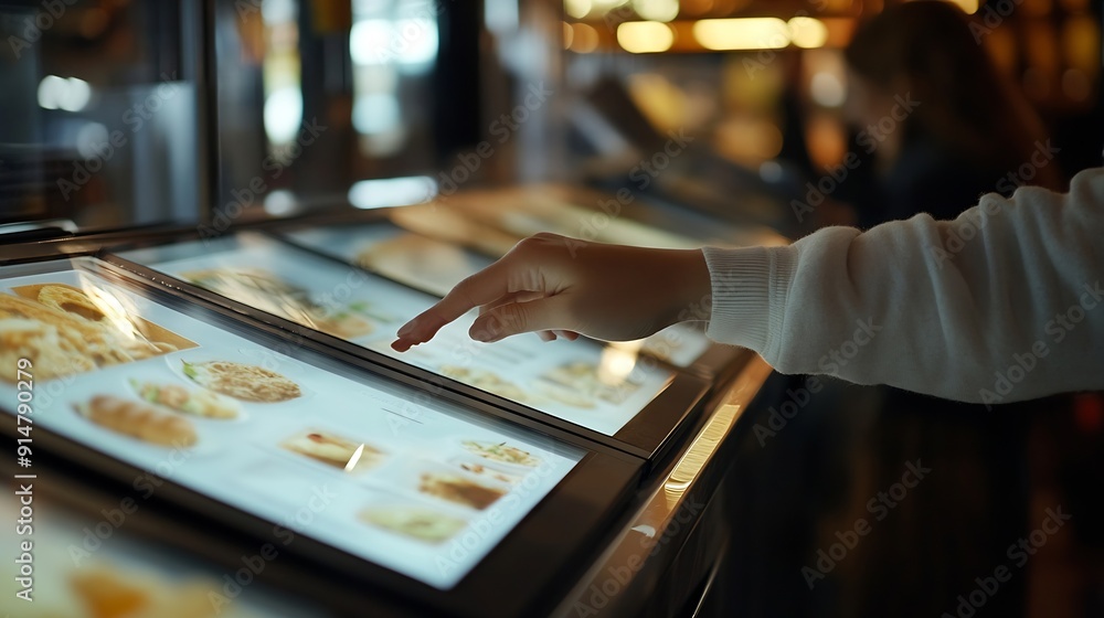 Poster selective focus to customers hand is touching a touch screen to order food and pay electronically : 