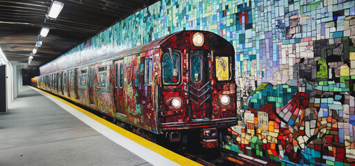 Obraz premium Vibrantly Decorated Subway Train Positioned in an Artistic Underground Station