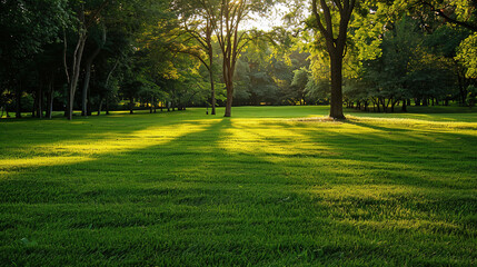 Fototapeta premium green lawn with a tree in the morning with sunlight