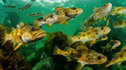 Naklejka premium School of Spotted Fish Swimming Underwater