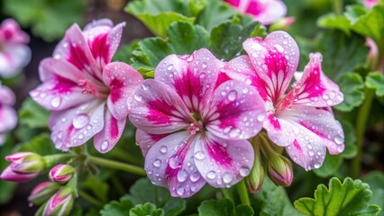 Vibrant geranium flowers glisten with water droplets, showcasing Pelargonium zonale in a summer garden after rain