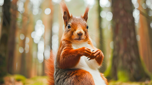 Closeup portrait of a cute and fluffy red squirrel standing upright in a forest clearing with autumn foliage in the background  The squirrel has a bushy tail and is captured in a funny proud pose