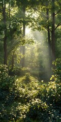 Fototapeta premium Sunbeams Illuminating a Dense Forest Path