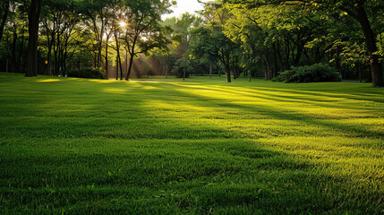 Obraz premium green lawn with a tree in the morning with sunlight