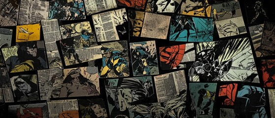 overlay of comic page textures, on black background, Generative AI 