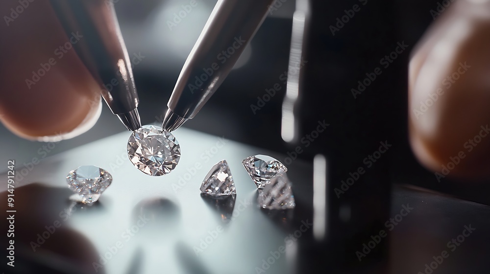 Poster closeup of diamonds at workplace of diamond dealer assessing quality and color of polished diamonds 