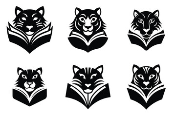 Tiger head reading a book icon logo design vector illustration with white background