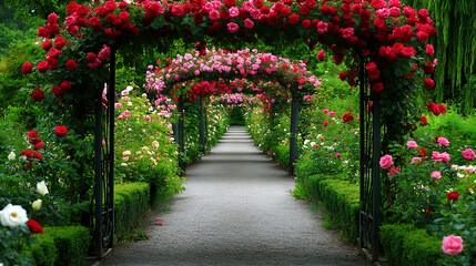 Fototapeta premium A beautiful rose garden with a multitude of roses in different shades of red, pink, and white, accompanied by a gravel pathway and wrought iron archways 