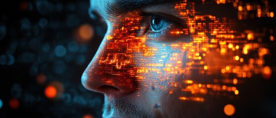 Artistic representation of a broker's face overlaid with financial symbols and graphs, creative brokerage, financial artistry