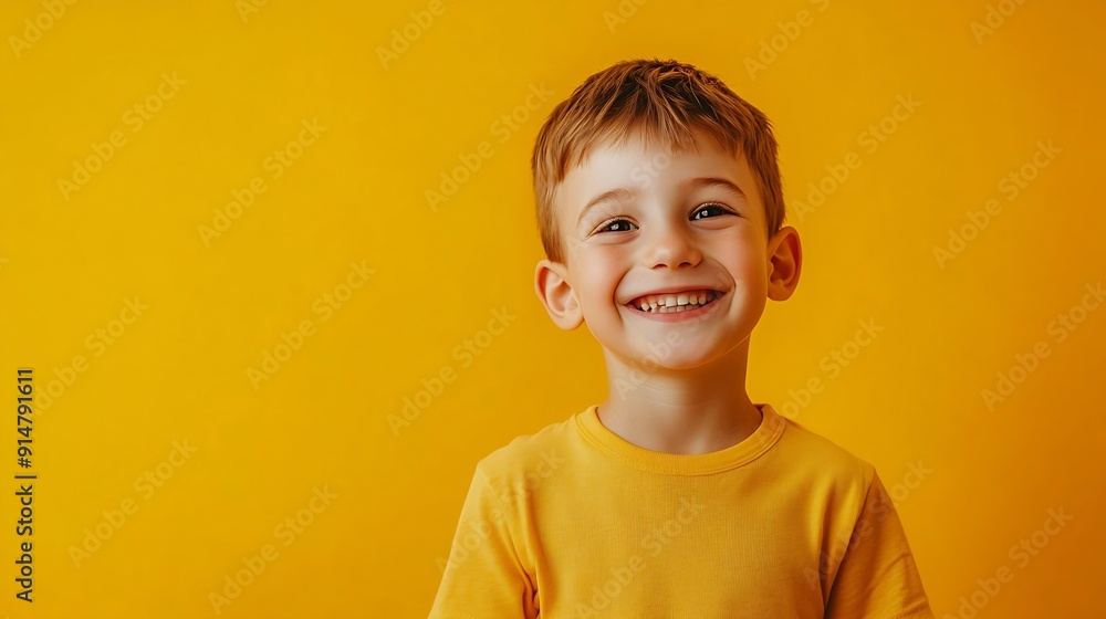 Wall mural smiling child boy over yellow background positive emotions concept : generative ai