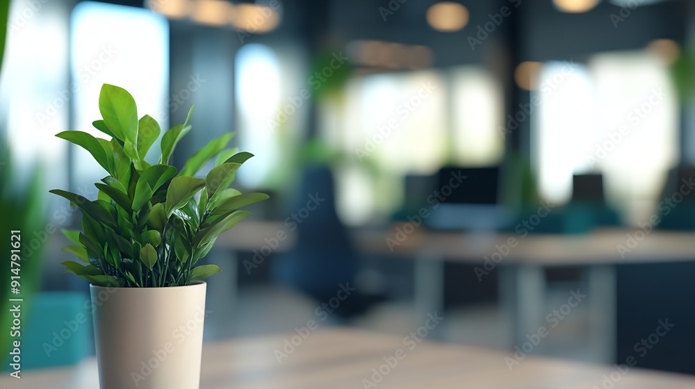 Leinwandbilder modern open space business office interior without people with blurred bokeh light background tables