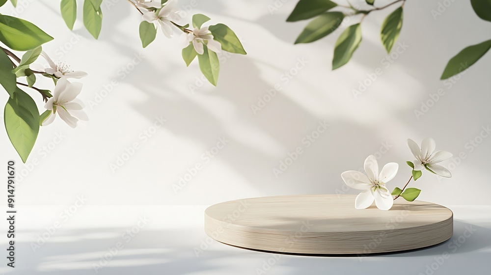 Aufkleber geometric empty podium wooden platform stand for product presentation and spring flowers and shadows