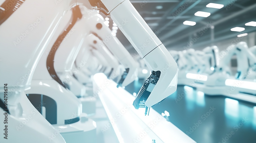 Aufkleber row of white robotic arms at automated production line at bright modern factory industrial robot arm