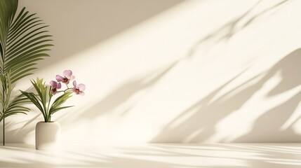 White table and abstract geometric wall background with flowers and palm leaves shadows overlay Abstract beige studio background for product presentation 3d room with copy space Summer : Generative AI