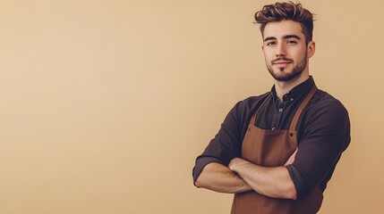 Young man barista barman employee wear brown apron work in coffee shop hold hands crossed folded look aside on workspace isolated on plain pastel light beige background Small business  : Generative AI