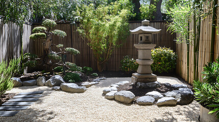 A tranquil Japanese garden with a zen rock garden, bonsai trees, and a traditional stone lantern, surrounded by a bamboo fence 