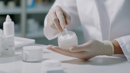 Dermatologist applying cream onto hand at white table indoors closeup Testing cosmetic product : Generative AI