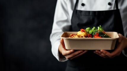 Female Chef holding lunch box with food in the hand black background Chef woman hand with a lunch box closeup Takeaway food delivery in restaurant : Generative AI